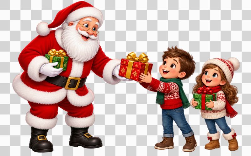Hình ông già Noel cầm hộp quà và phát quà cho trẻ em