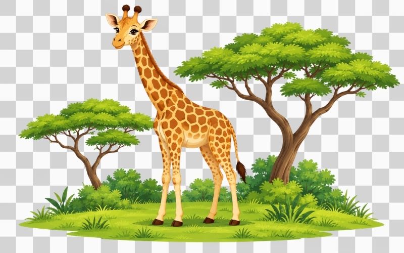 Hươu cao cổ vector kết hợp cây xanh và đồng cỏ