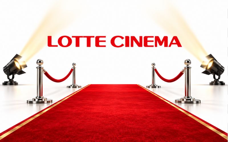 Logo Lotte Cinema kết hợp ánh đèn và thảm đỏ