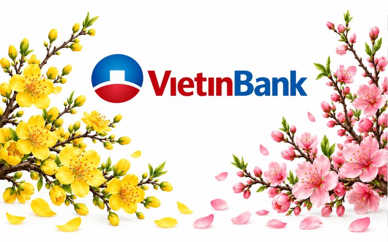 Logo VietinBank kết hợp hoa mai, hoa đào ngày Tết