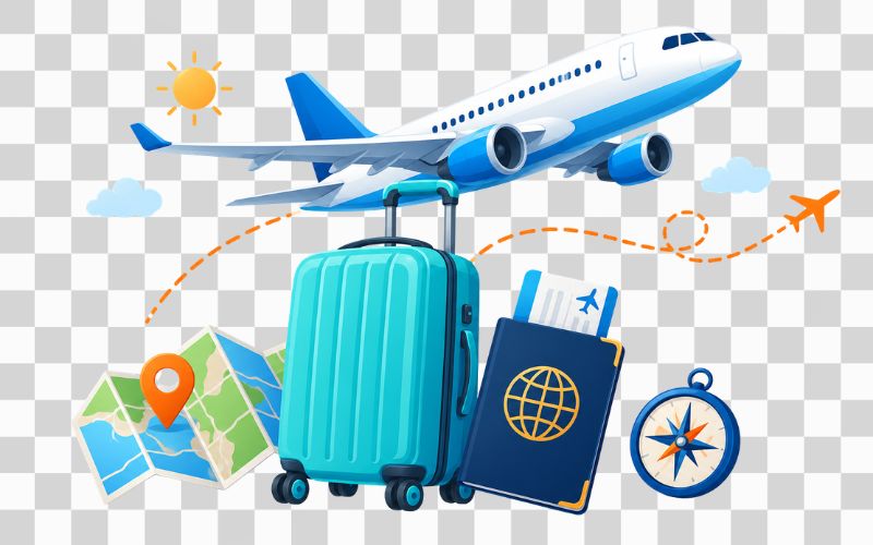 Máy bay vector kết hợp vali, hộ chiếu và họa tiết du lịch