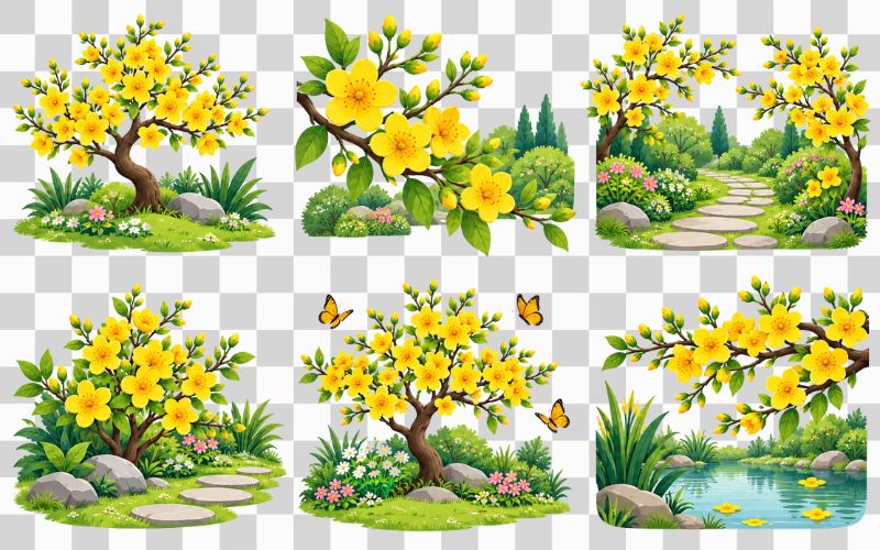 Vector hoa mai giữa khu vườn mùa xuân