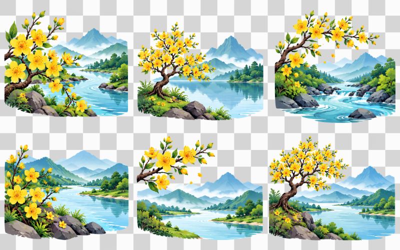 Vector hoa mai kết hợp núi non, sông nước