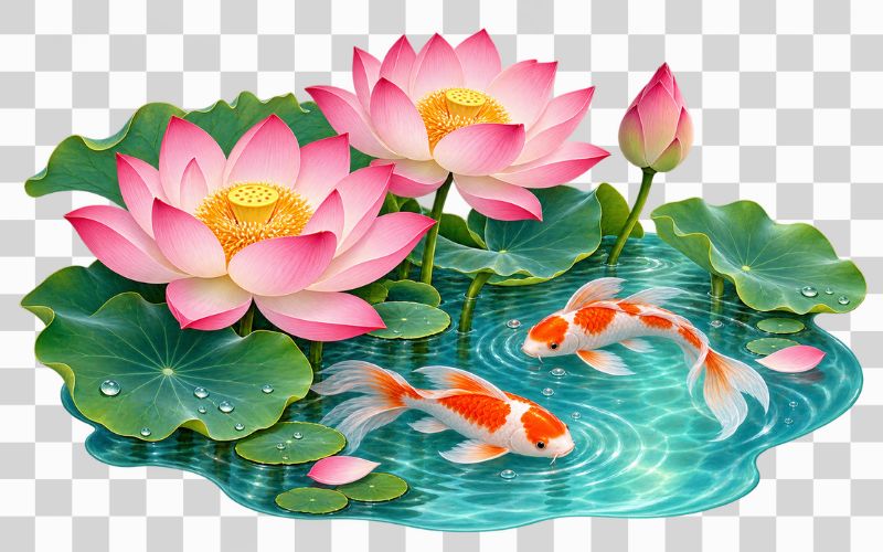 Vector hoa sen kết hợp hồ nước và cá chép